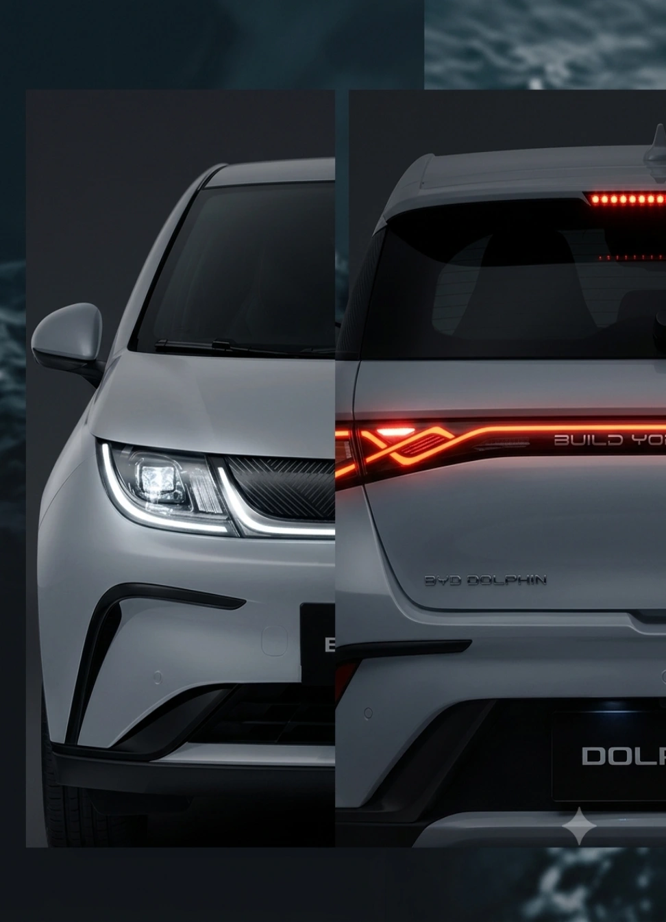 The continuous LED headlight and dynamic taillight design of the BYD DOLPHIN inspired by breaching dolphins