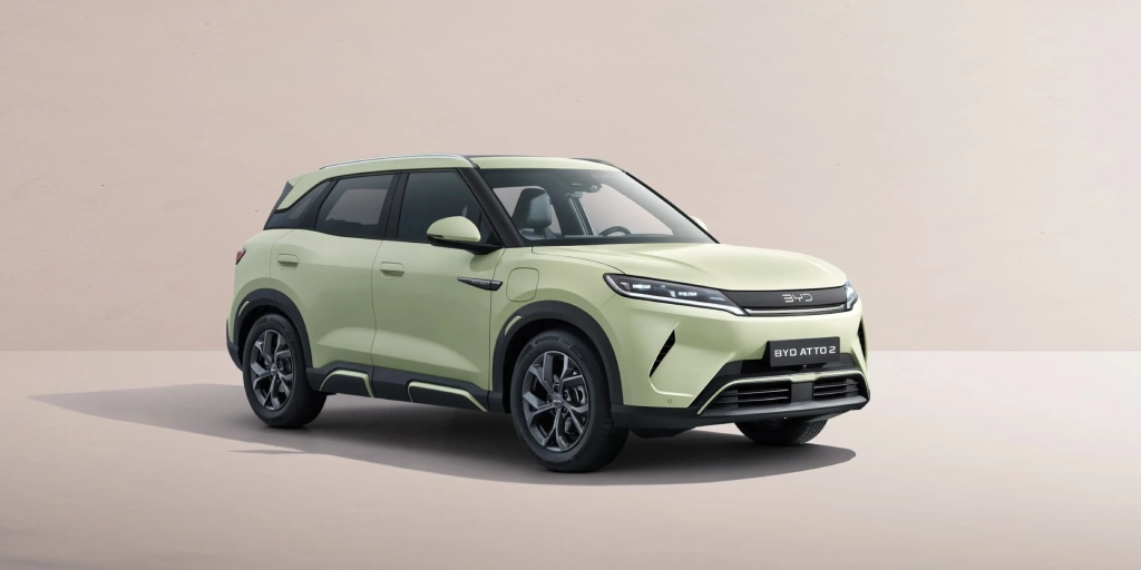 Exterior side profile of the BYD ATTO 2 electric compact SUV showcasing its sleek and modern design
