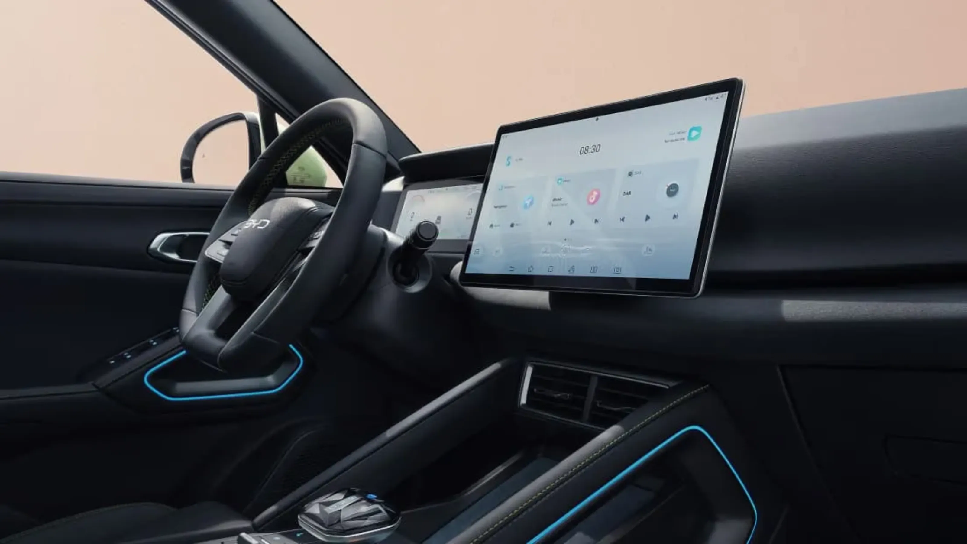 BYD ATTO 2 Intelligent Cockpit infotainment screen with 4G navigation, Android Auto, Apple CarPlay, and intelligent voice control