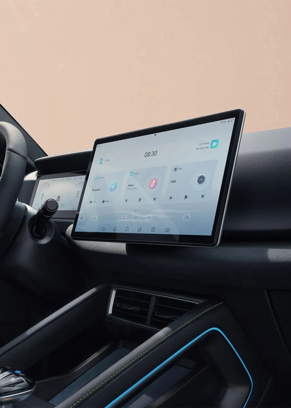 BYD ATTO 2 interior dashboard showcasing the smart rotatable touchscreen system with navigation and apps